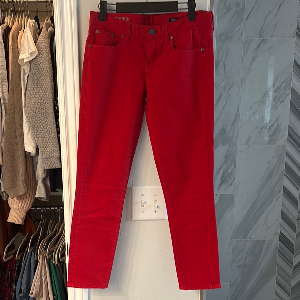 Red Skinny Jeans with Tapered Leg and Ankle Length